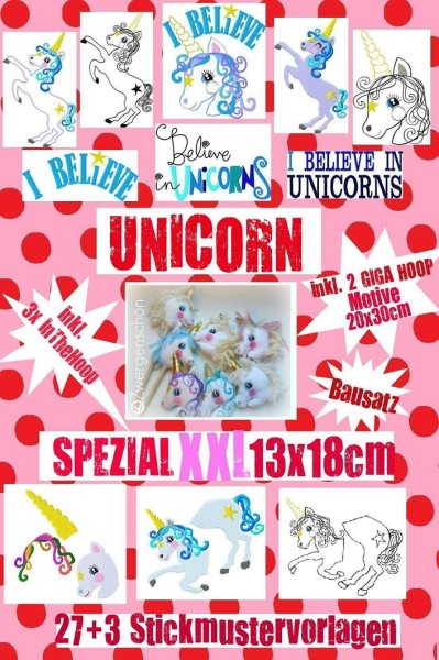 ♥UNICORN Spezial XXL♥ BAUSATZ Stickmusterserie 13x18cm+GIGA HOOP+ITH