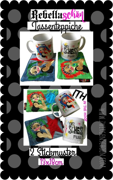 ♥REBELLAschön♥ Tassenteppiche MUG RUG Stickdatei-SET 13x18cm ITH