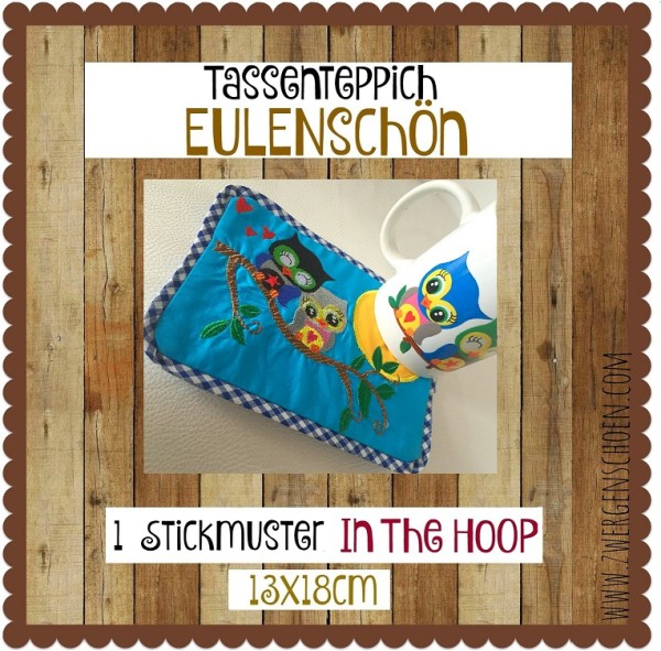 ♥TASSENTEPPICH♥ Stickmuster ITH Mug Rug EULENSCHöN 13x18cm