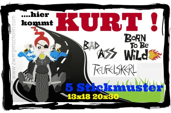 ♥...hier kommt KURT♥ Stickdatei BIKER Zwerg 13x18cm