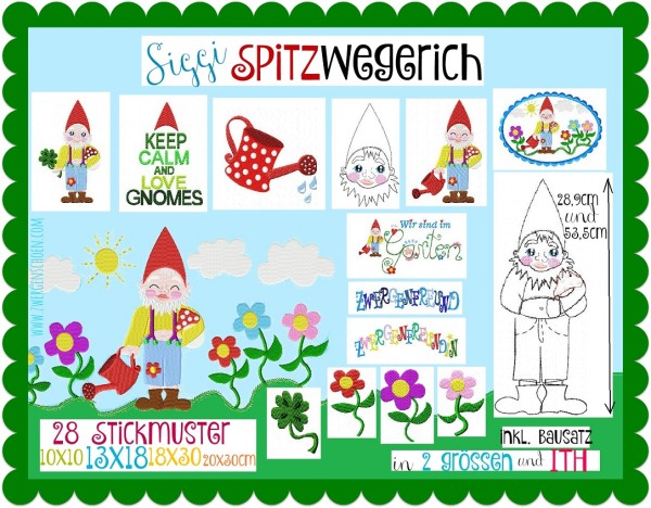 ♥SPITZwegerich♥ Stickdatei GARTENZWERG Gnome GARTENSCHÖN Spezial 10x10 13x18 18cm+GIGAhoop