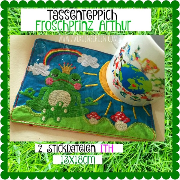 ♥TASSENTEPPICH♥ Stickmuster ITH Froschprinz Arthur 13x18cm