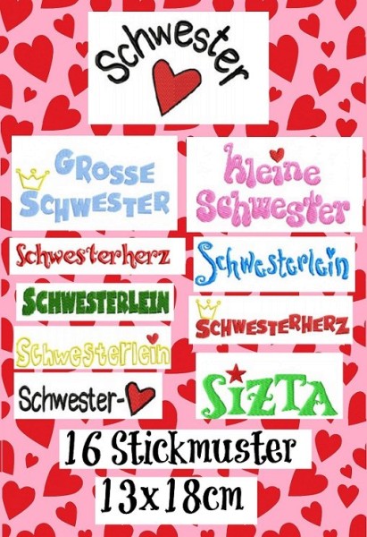 ♥SCHWESTERHERZ♥ Stickmuster SCHRIFTEN 13x18cm