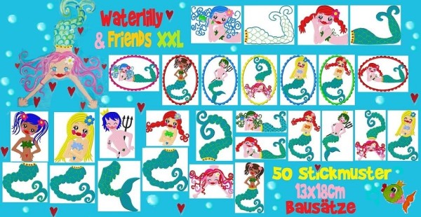 ♥WATERLILLY XXL♥ Stickmuster SPEZIAL 13x18cm BAUSATZ Nixen MERMAIDS 50 Stickmuster!!!