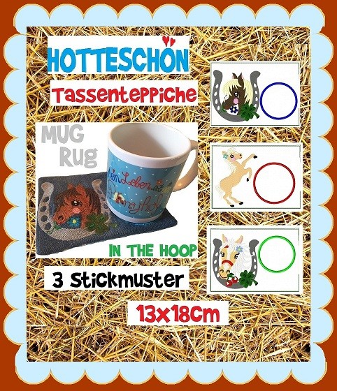 ♥HOTTESCHöN♥ Stickdatei TASSENTEPPICH Mug Rug PONY Pferde 13x18cm